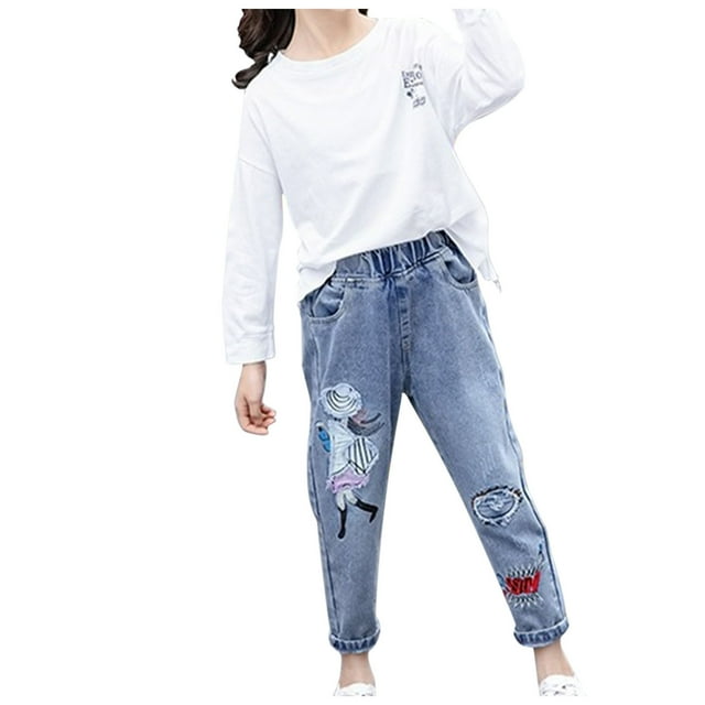 Birdeem Spring and Summer Cute Print Girls Pocket Elastic Waist Comfy Full Length Pants Jeans