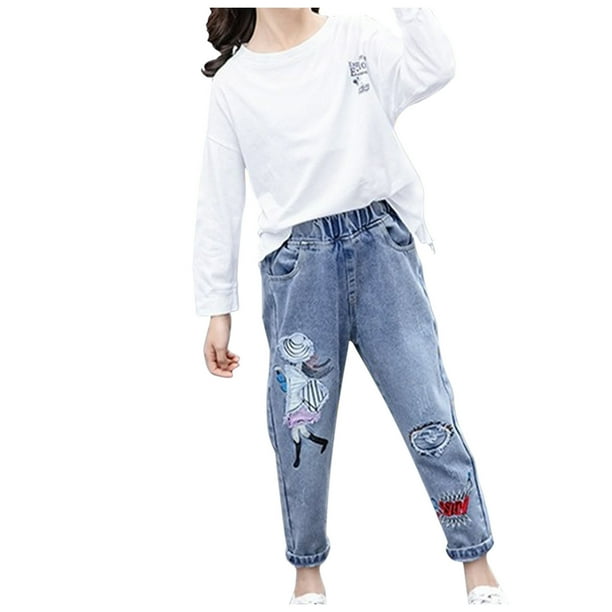 Odeerbi 3-14 Años Niñas Jeans Raw Hem Lindo Bordado Pantalones de Denim Primavera Verano Cintura Elástica Vaquero Pantalones de Longitud Completa Con Bolsillo