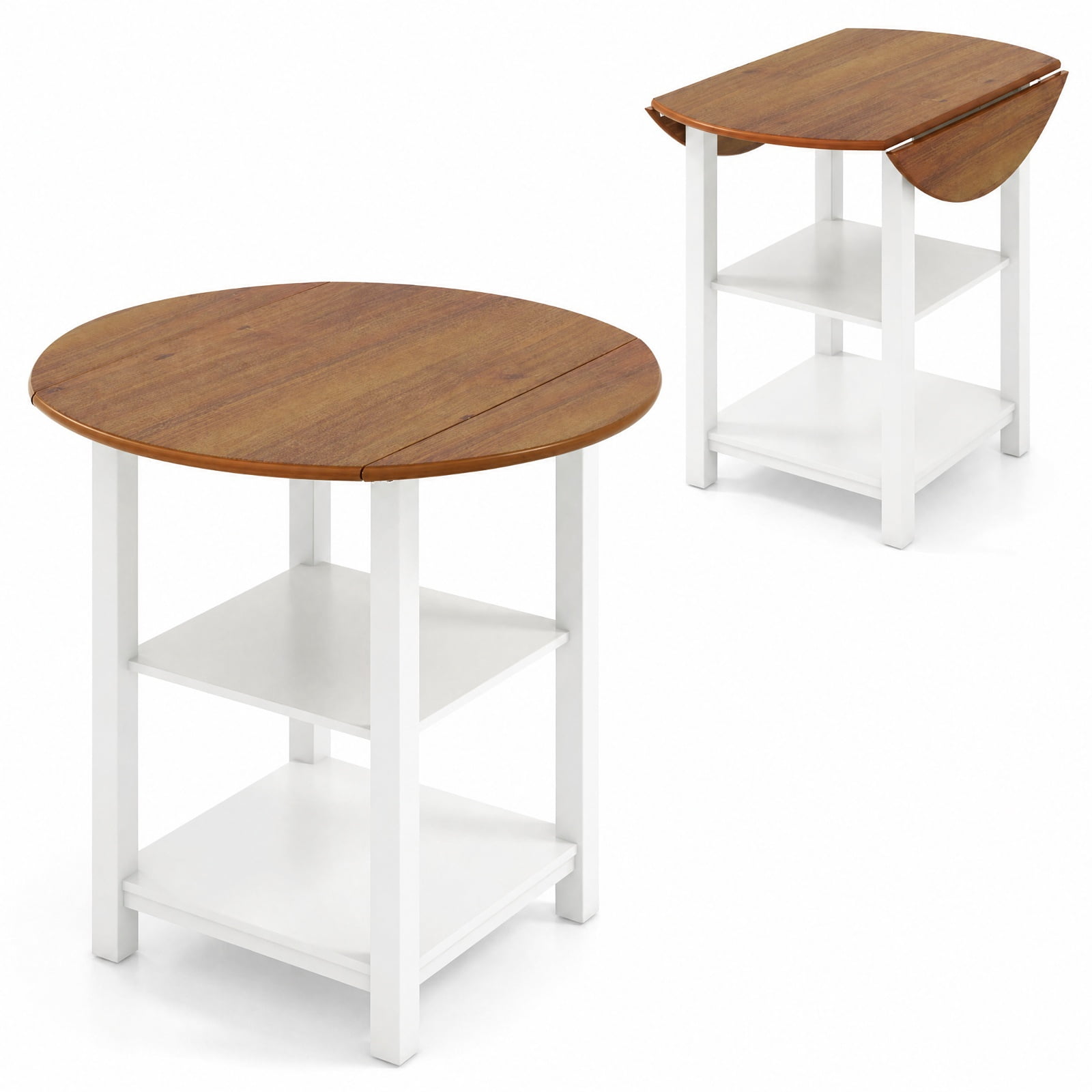 Furnibear Folding Round Drop Leaf Dining Table with 2 Storage Shelves and Solid Rubber Wood Legs for Small Spaces, White