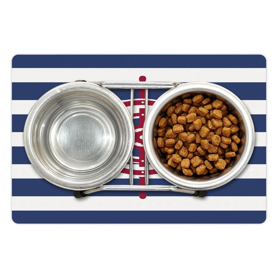 Ships Wheel Pet Mat for Food and Water, Illustration of Ship Steering Wheel on a Stripped Background Artwok, Non-Slip Rubber Mat for Dogs and Cats, 18" X 12", by Ambesonne