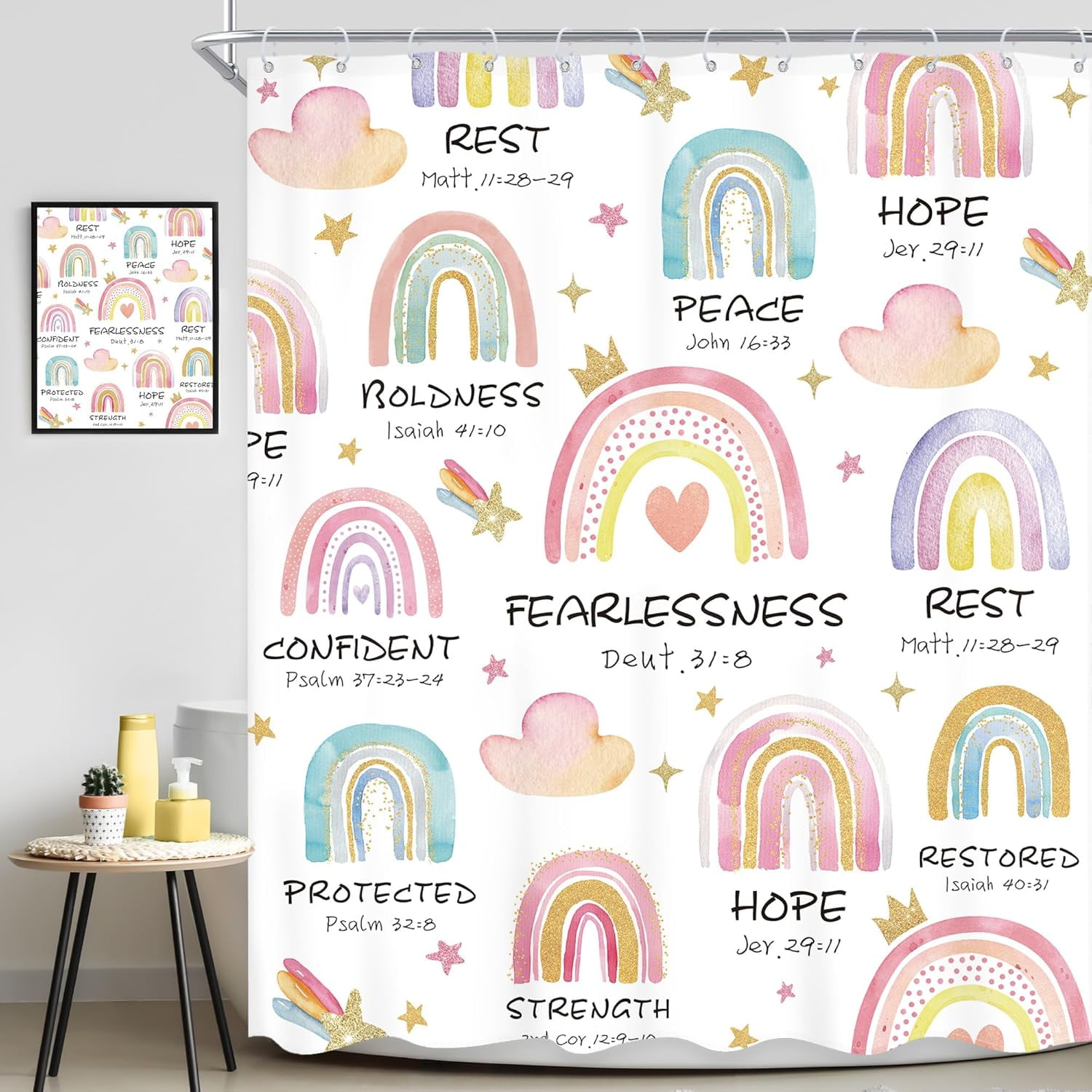 Kids Girl Rainbow Shower Curtain Bible Verse Scripture Boho Inspirational Quote Christian Cute Cartoon Colorful Muted Cloud Bathroom Set 72Wx72L Inch Bath Curtain Bathtub Accessories Home Decor