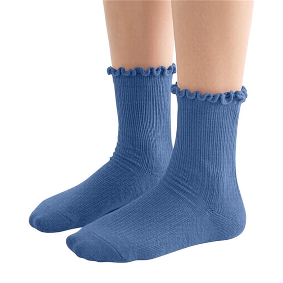 BRGZLK Girls Ruffle Socks Cute Frilly Solid Color Cotton Lace Trim Ruffle Skateboard Sport Mid-Calf Socks Blue 3-5 Years