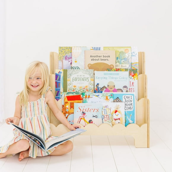 Wooden Kids Bookshelf w/Scalloped Edges - Perfect Height 3-Tier Montessori Bookshelf for Kids - Durable Childrens Bookcase for Kids Room or Playroom - Toddler Bookshelf Rack - Baby Book Shelf Nursery