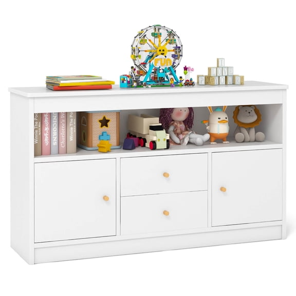 Costway Kids Toy Storage Organizer Wooden Children Bookshelf Storage Chest with Open Shelf White