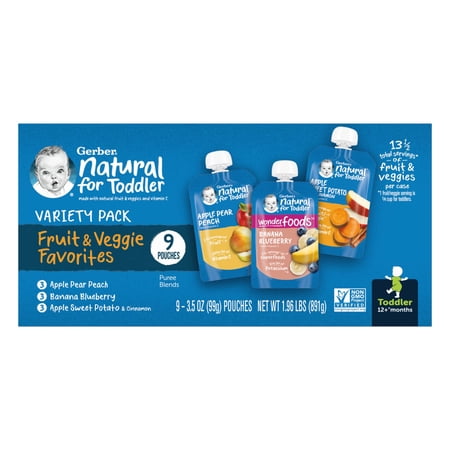 Gerber Fruit & Veggie Favorites, Toddler Food Variety Pack, 3.5 oz Pouches (9 Pack)