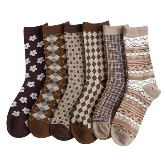 6 Pair Chic Brown Socks Bundle,Floral, Argyle & Geometric Designs