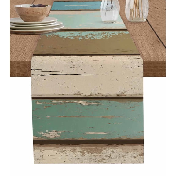 Ldtrchee Green Blue Brown Farmhouse Table Runner 60 Inches, Vintage Wood Bed Runner Dresser Scarves Tabletop for Indoor Outdoor Parties/Ceremony/Banquet, 13" x 60"