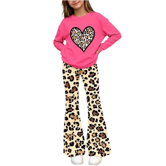 FSYBOA Girls Graphic Outfit Set Size 10-12, Elastic Waist 2 Piece Girls Crew Neck Tops and Flare Pants Hot Pink