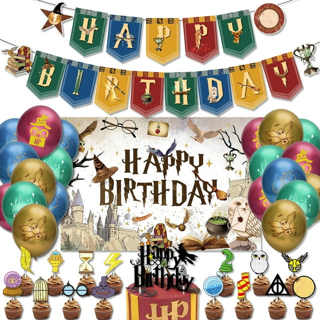 Wizard Magic Birthday Party Decorations, Potter Party Supplies, Magical Wizard Party Decorations Include 16 Balloons,1 Banner, 16 Cake Topper,1 Big Party backdrop, 2 Ribbon