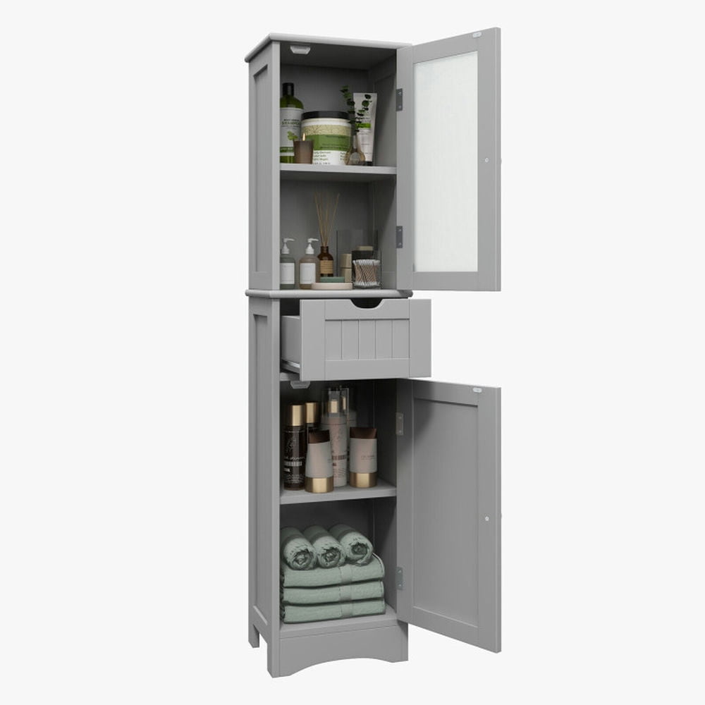 Finihen Storage Cabinet, Floor Cabinet, Tall Floor Storage Cabinet with 2 Doors and 1 Drawer for Bathroom, Living Room, Bedroom, Kitchen, Gray