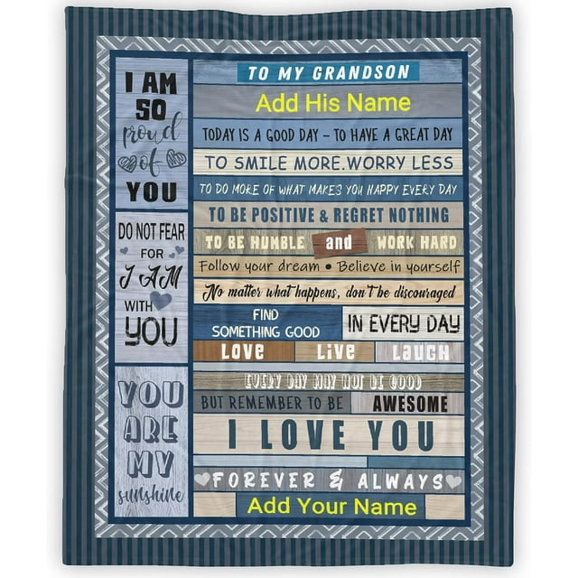 LHSHID Custom Grandson Blanket from Grandma Grandpa Personalized Boy Name Gift Super Soft Lightweight Throws Summer Travel Blankets Birthday Present Decor Bed Couch Sofa