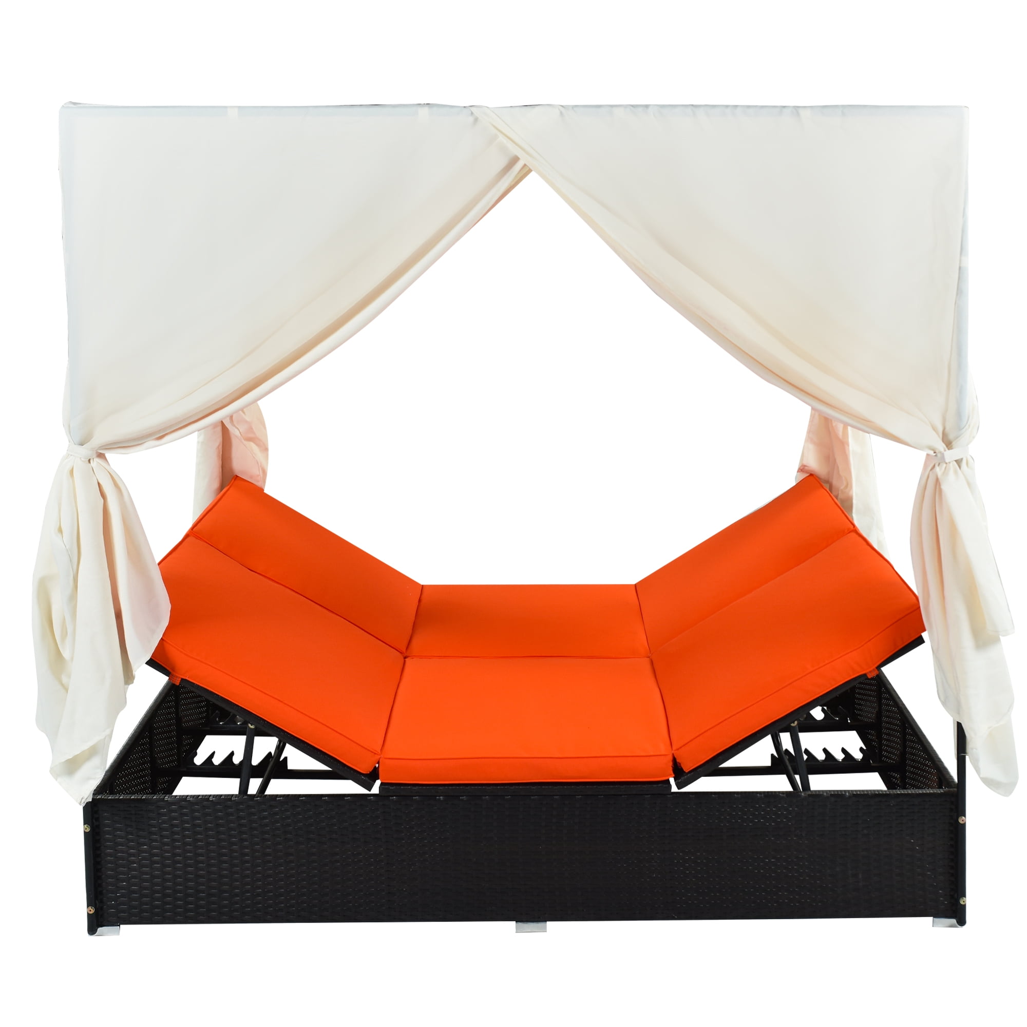 YIORTWO Outdoor Double Chaise Lounge Daybed with Curtains, Adjustable Backrest & Footrest, Steel Frame Loveseat Sofa for Backyard Poolside, Orange