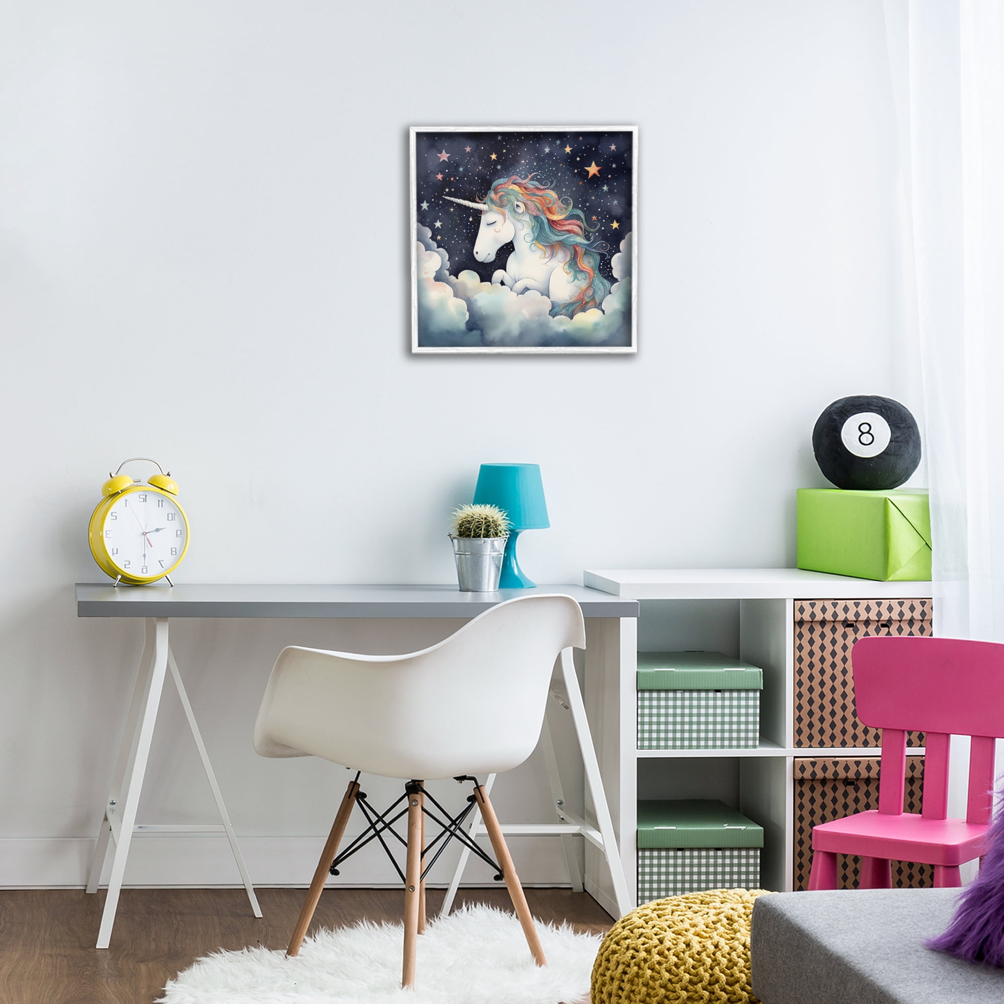 Stupell Industries Sleepy Unicorn in Starlit Clouds White Framed Giclee Art, design by Creative Studio
