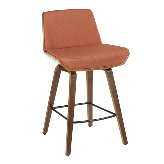 Corazza Mid-Century Modern Counter Stool in Walnut Wood and Orange Fabric by LumiSource