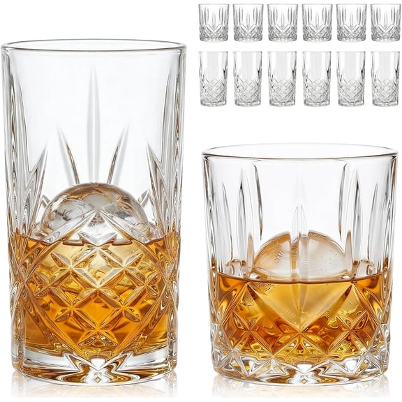 Crystal Drinking Glasses Set of 12, Glass Whisky Cups, Mixed Glassware Set, 12 Oz Highball Glasses & 11 Oz Old Fashioned Glasses, Great for Cocktail and Other Beverages