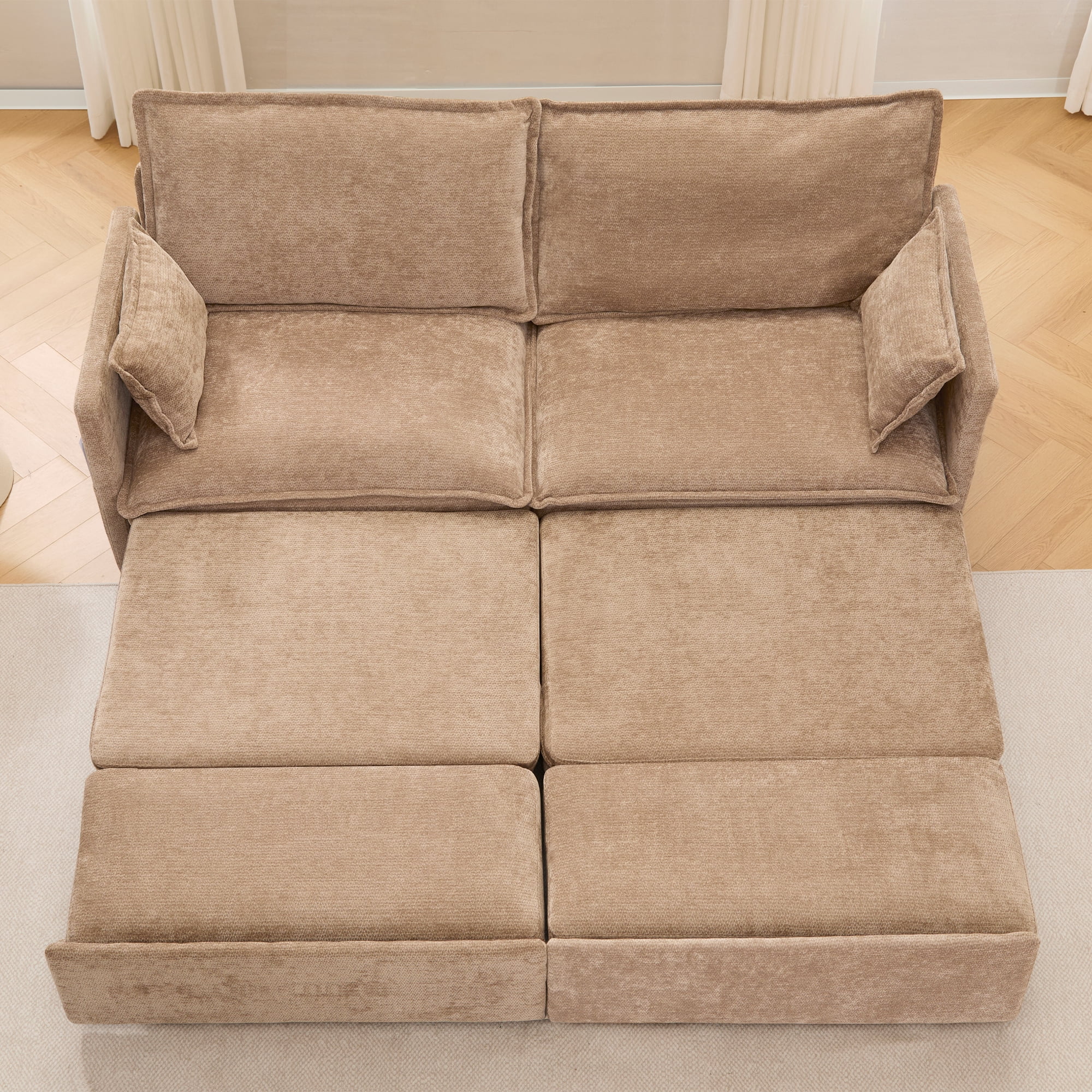 73.6'' Pull Out Sofa Bed, 3 in 1 Convertible Sleeper Loveseat Sofa, Pull Out Couch with USB Charging, Side Pockets for Living Room, Apartment, Small Spaces (Chenille, Khaki)