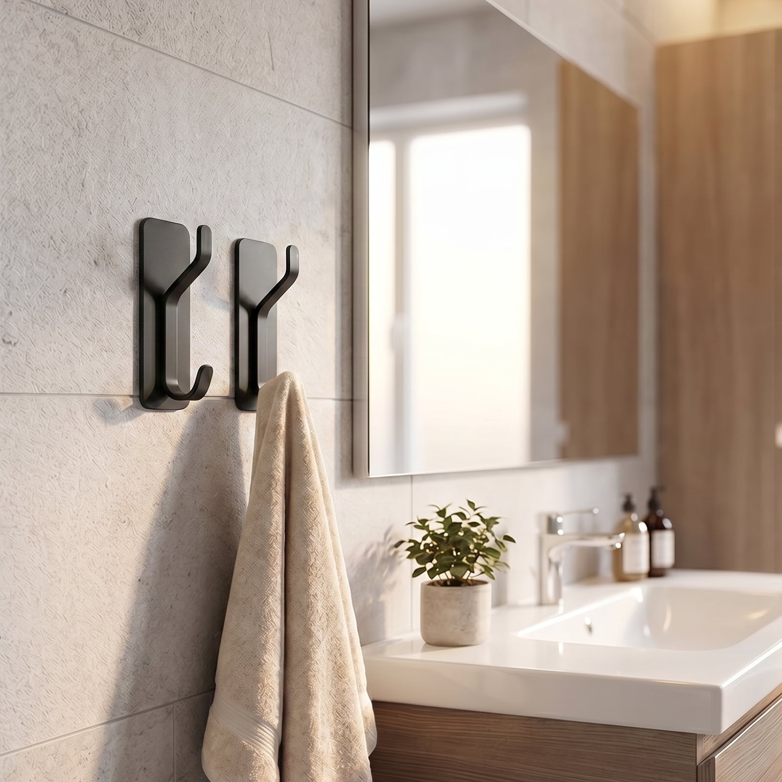 Koomade 4 Packs Coat Hook Wall Mounted Self-Adhesive Hanger for Shower Kitchen Bathroom,  Wall Hook for Towel, Backpack, Hat, Clothes, Keys, Purse, Black