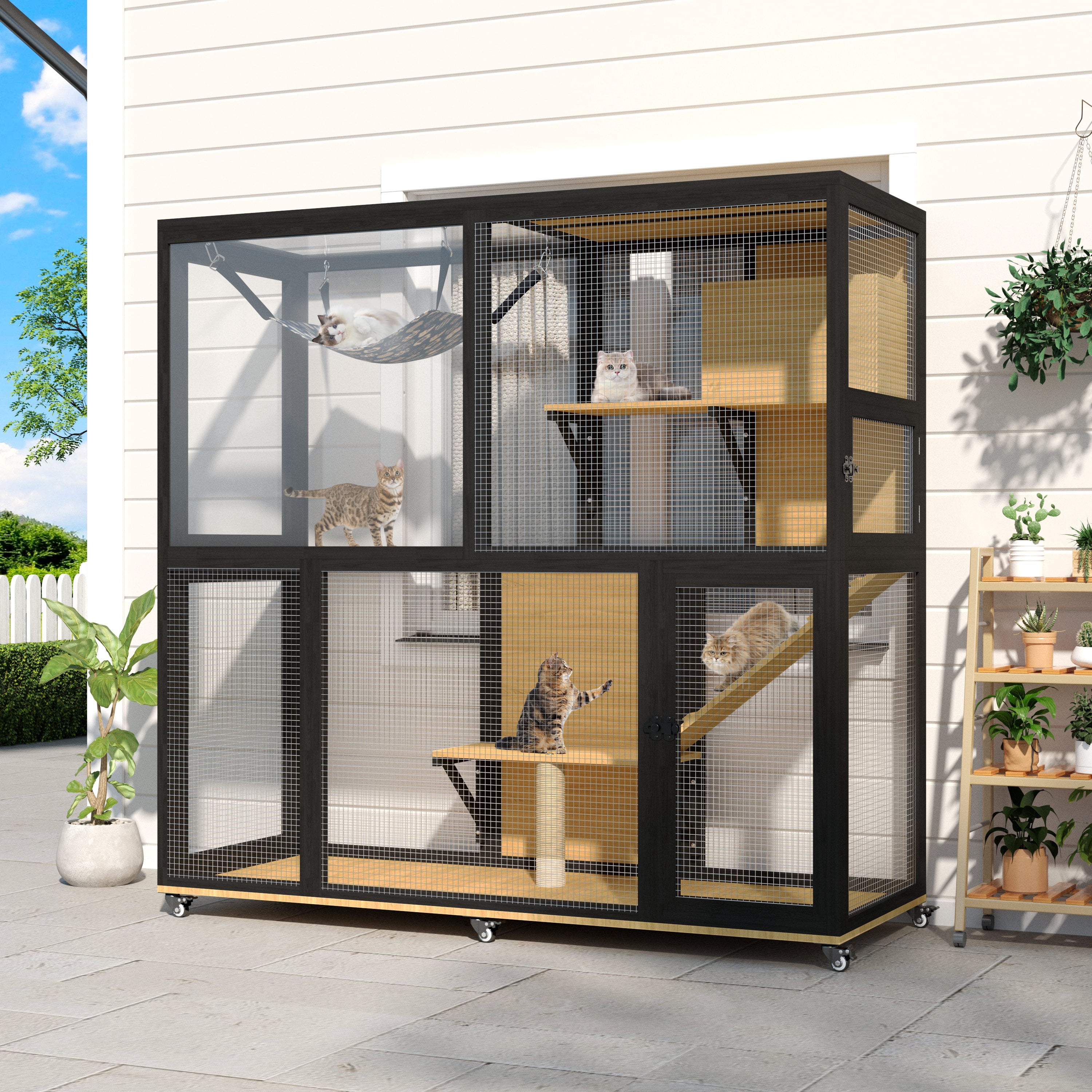 Haverchair 4-Tier Catio Cat Enclosure Outdoor, Portable Cat House Cage for Multiple Cats Indoor, Wood Kitty Condo w/Waterproof Roof Wheels Platforms Hammock Scratching Post for Sunbathing Playing