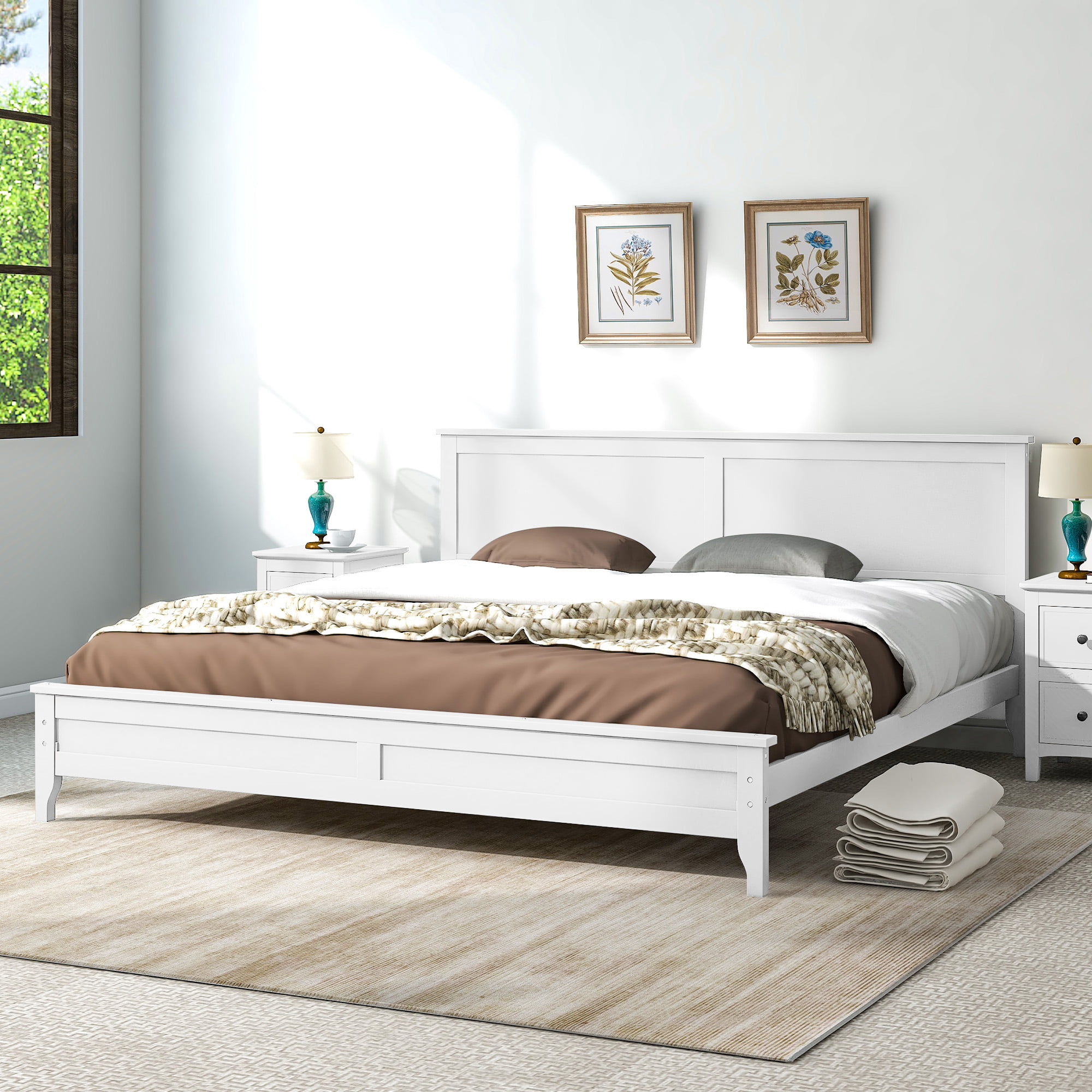 King Size Bed Frame With Headboard, Platform Bed Frame Solid Wood With  Headboard, 600Lbs Weight Capacity, White, Lj2081 - Walmart.Com