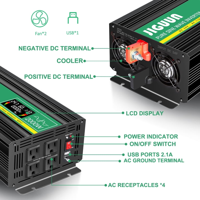 JIGUUN 2000 Watt Pure Sine Wave Power Inverter with Wireless 