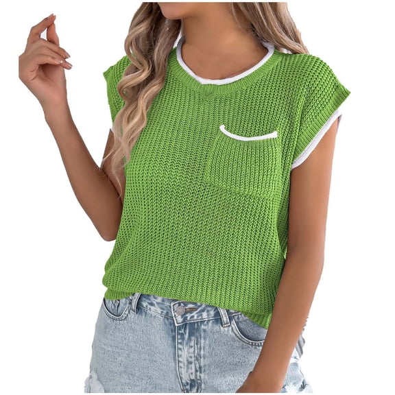 YUGYXL Women's Sweater Vest Round Neck Sleeveless Casual Loose Fit Pullover Tops Spring Summer Color Block Trim Soft Tees Green L