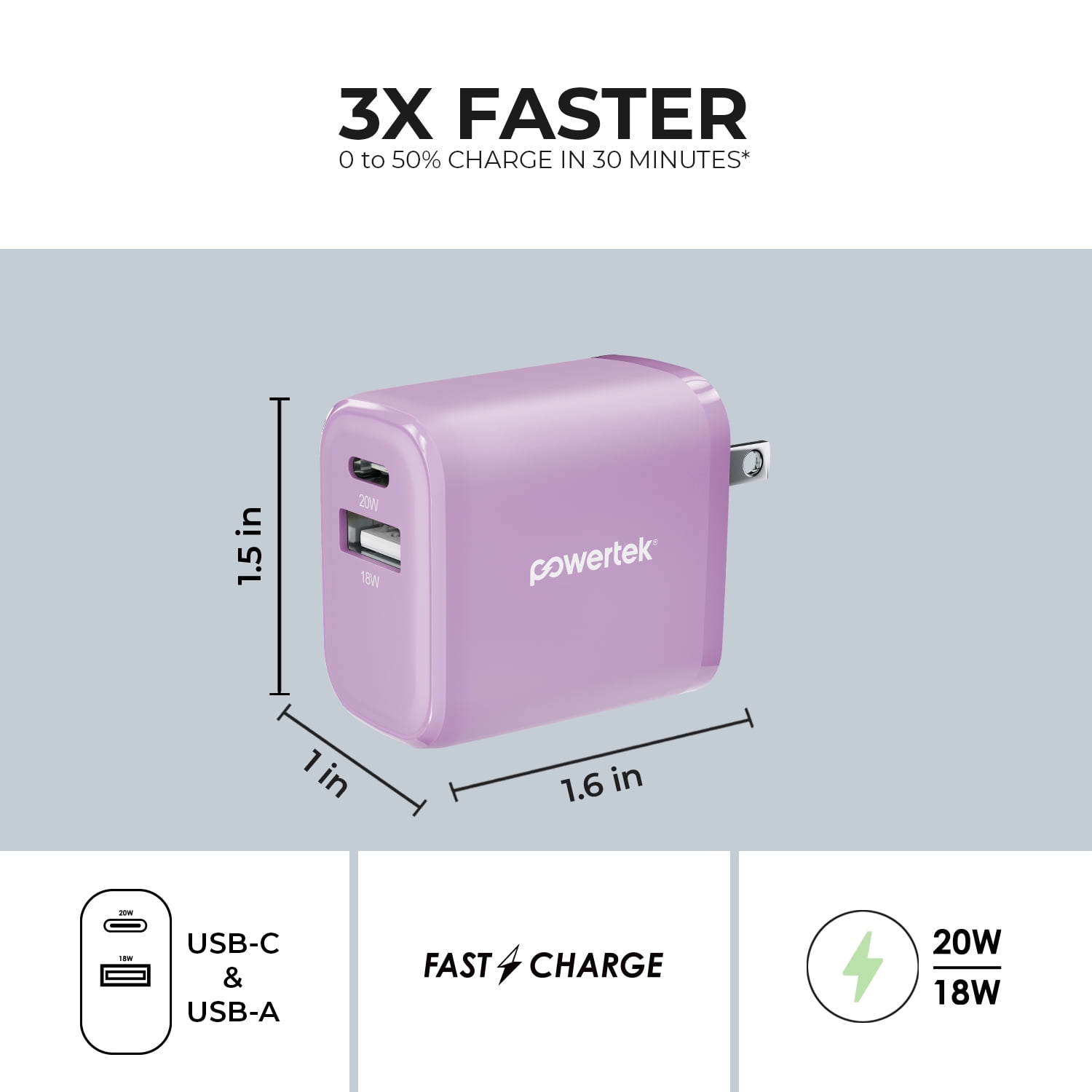 Liquipel Powertek Pastel Velvet 20W Combo Wall Charger - Purple