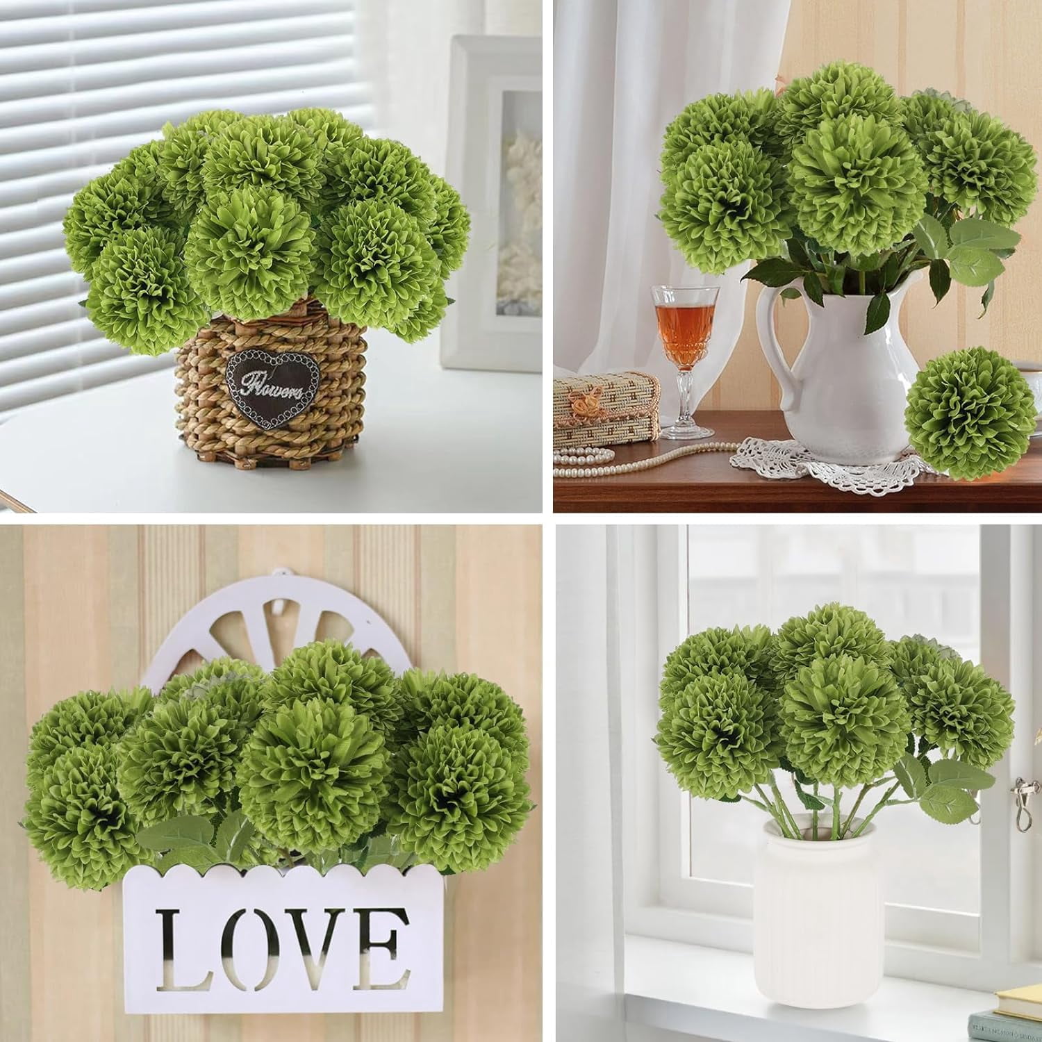 Artificial Chrysanthemums Flowers Ball Flowers, Fake Mums Flowers Green Silk Flowers for Home Decor Indoor Floral Arrangement St Patricks Day Table Centerpiece (, Green)