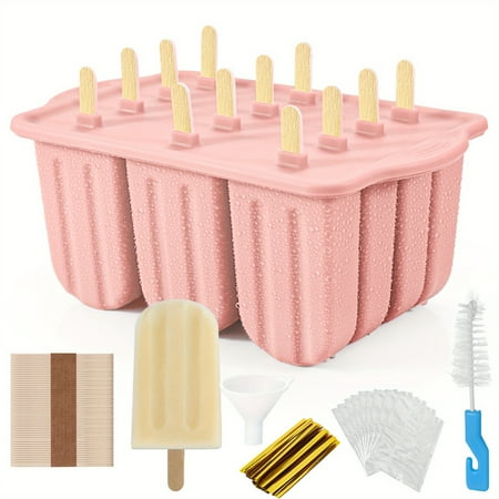 

12-Cavity Popsicle Maker Set - Homemade Ice Pop Fun for Kids & Adults - BPA-Free Silicone Mold with 50 Sticks Bags Ties Funnel & Brush - Perfect Summer Kitchen Accessories & Recipe Guide