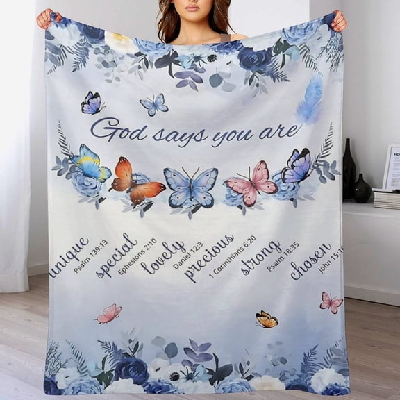 Christian Blanket for Women, Blue Rose Butterfly Ultra Soft Religious Gifts Blankets with Bible Verse and Inspirational Thoughts, Warm Plush Prayers Healing Throw Blankets, 50" x 60"