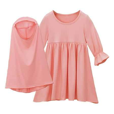 

Geire Girls Summer New Dresses Muslim Style Solid Color Long Dress Round Neck Long-sleeved Ruffled A-Line Loose Dress & Headscarves