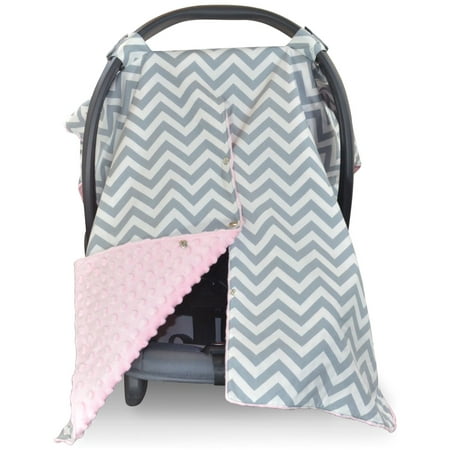 Kids N' Such 2 in 1 Car Seat Canopy Cover with Peekaboo Opening™ - Large Carseat Cover for Infant Carseats - Best for Baby Girls - Use as a Nursing Cover - Chevron with Soft Pink Dot