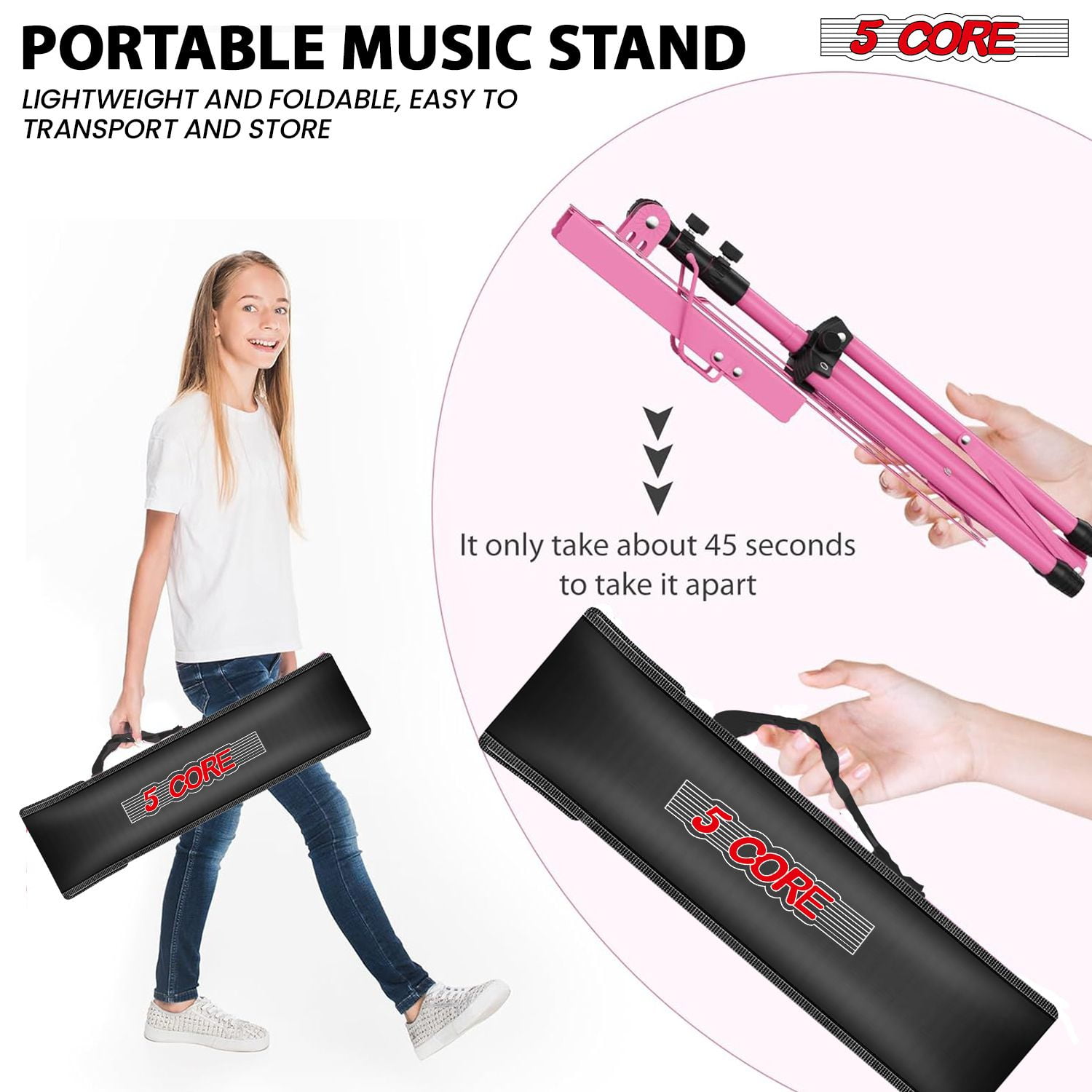 5Core Music Stand For Sheet Music Portable Tripod Adjustable Folding Note Holder