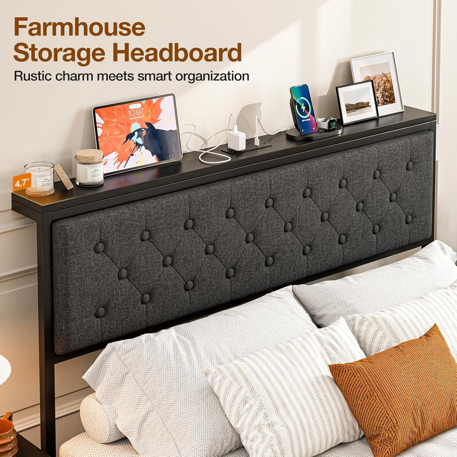 ARICOEASY Queen Size Storage Headboard with Charging Station, Upholstered Button Tufted Headboard, Easy Assembly, Dark Grey