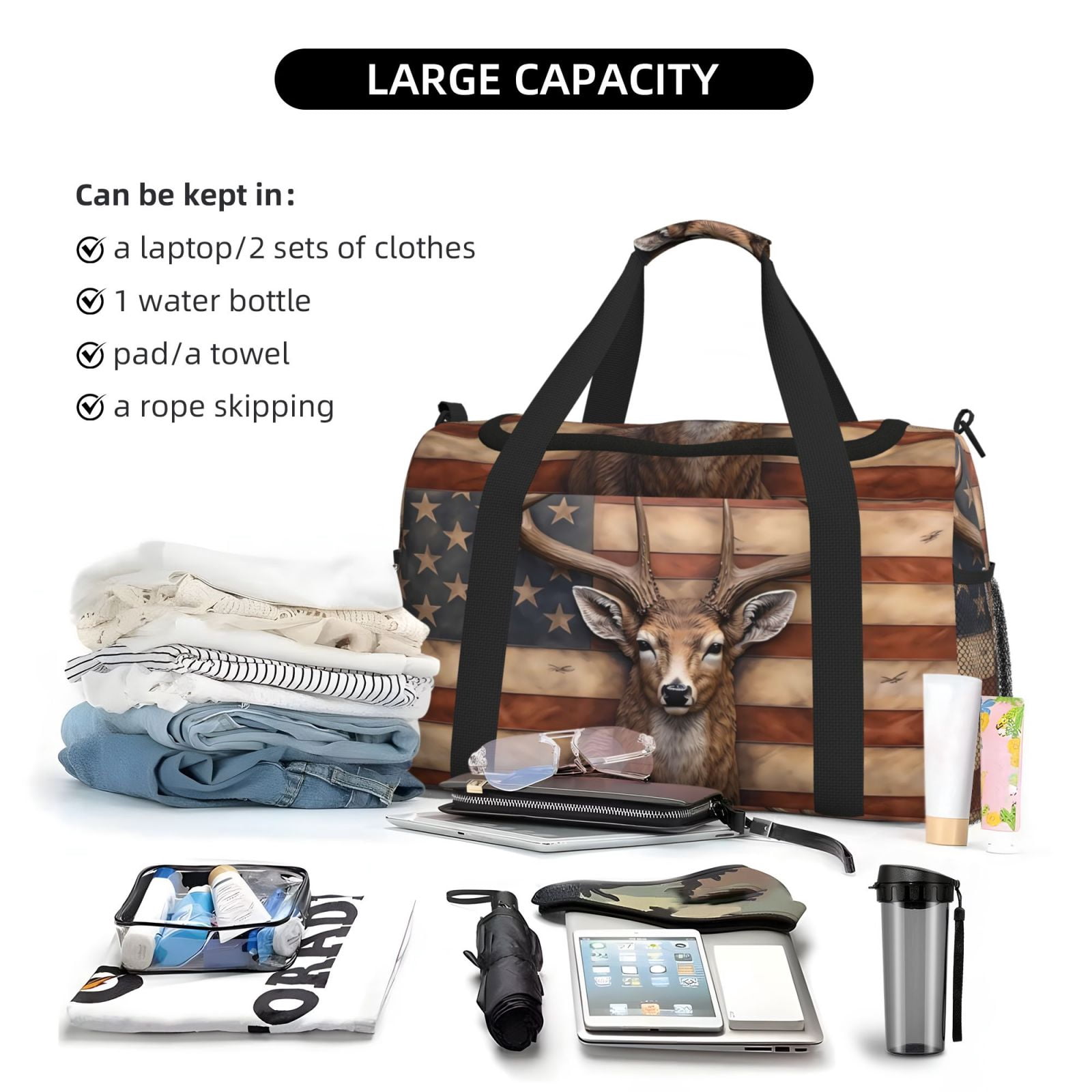 Defioc Deer American Flag Wall Print Hand Travel Bag - Foldable Travel Duffel Bags for Men Women -Sport Gym Bag - Overnight Travel Duffel Bag - Adjustable Shoulder Strap