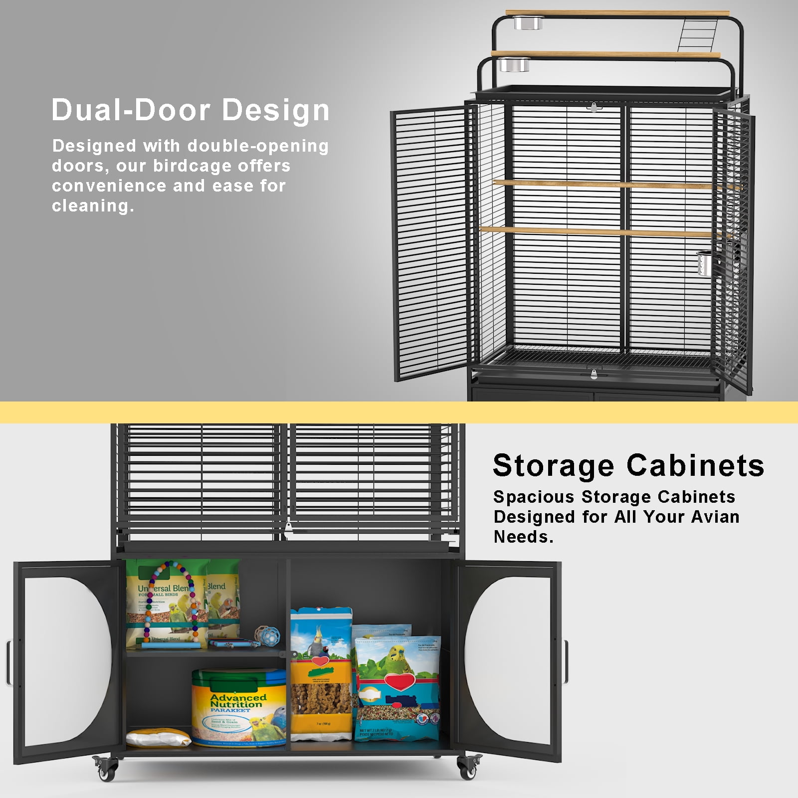 GDLF 72-Inch Bird Cage With Play Top and Rolling Storage Cabinet Extra Large With Cover for Parrot, Parakeet, Cockatiel, Budgie , Parrotlet, Green Cheek Conure
