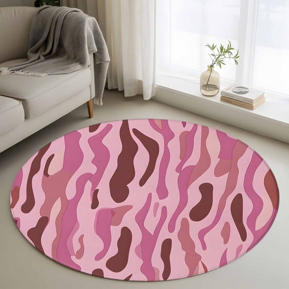 Round Rugs 3Ft, Pink Brown Geometric Round Area Rug Washable Indoor Throw Carpet, Contemporary Art Abstract Small Non Slip Circle Rug for Bedroom Living Room Home Decor Aesthetic
