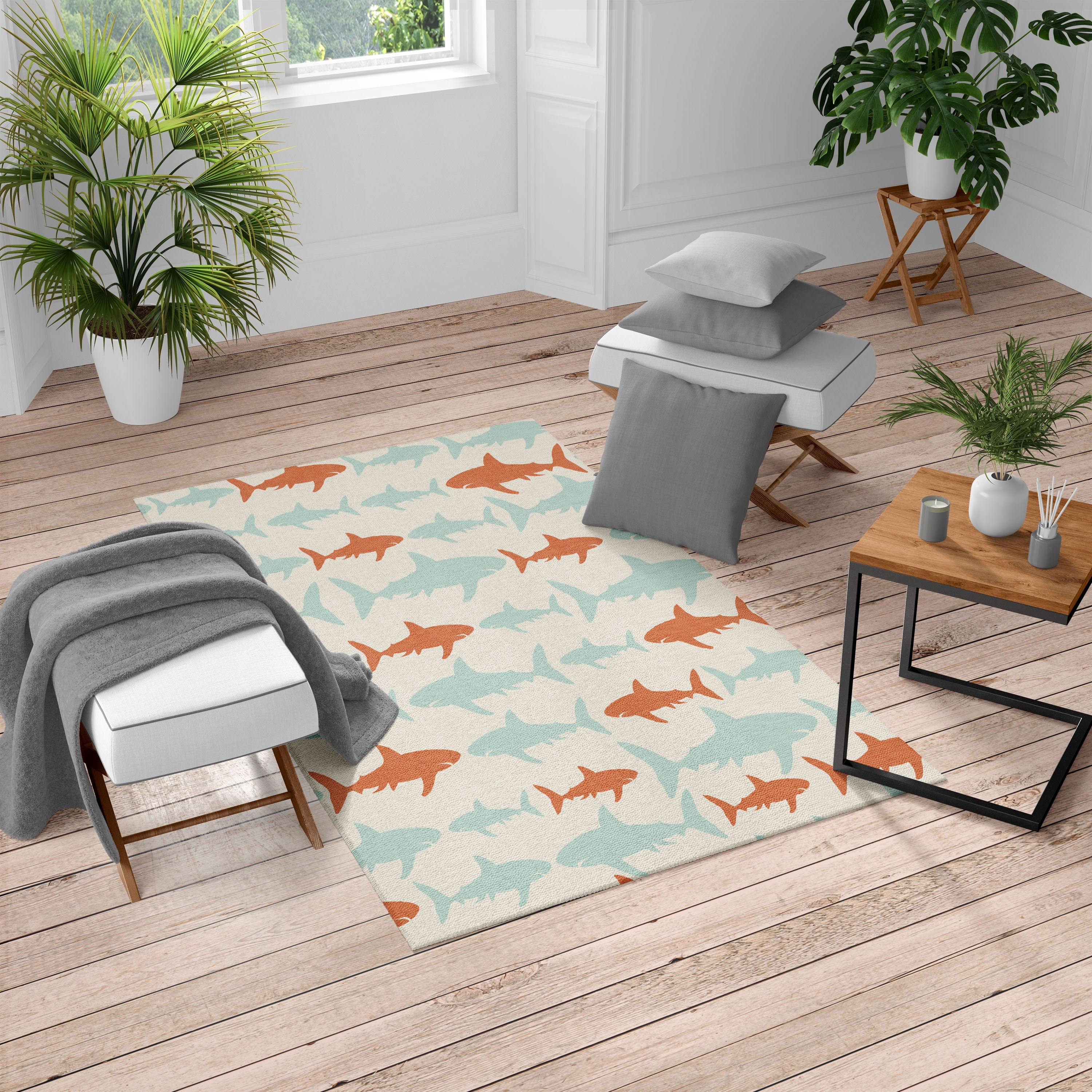 Sea Animals Turkish Area Rug, Monochrome Shark Illustration Fashion ...