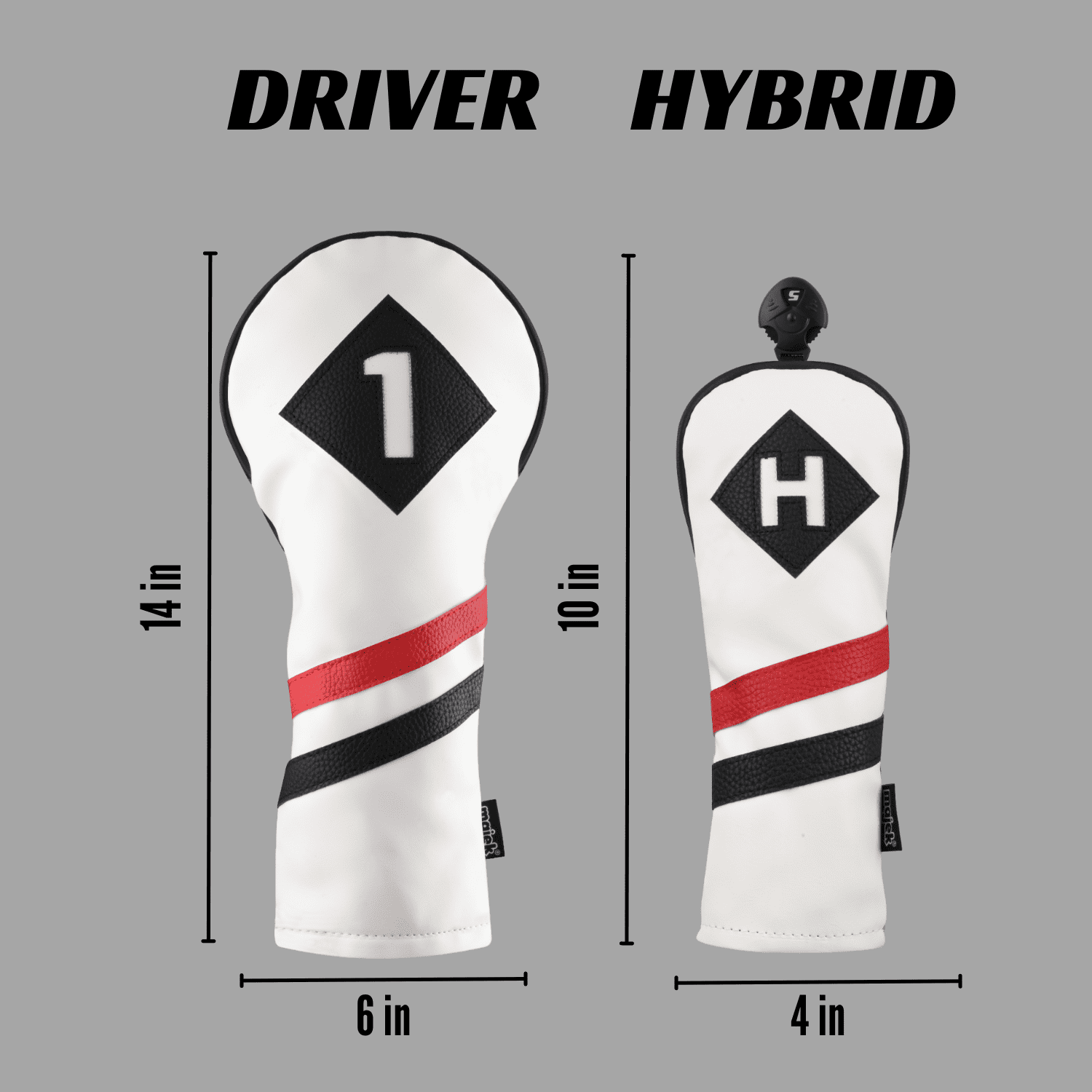 Majek Retro Golf Headcovers White Red and Black Vintage Leather Style 1 H Driver and Hybrid Head Cover Classic Look