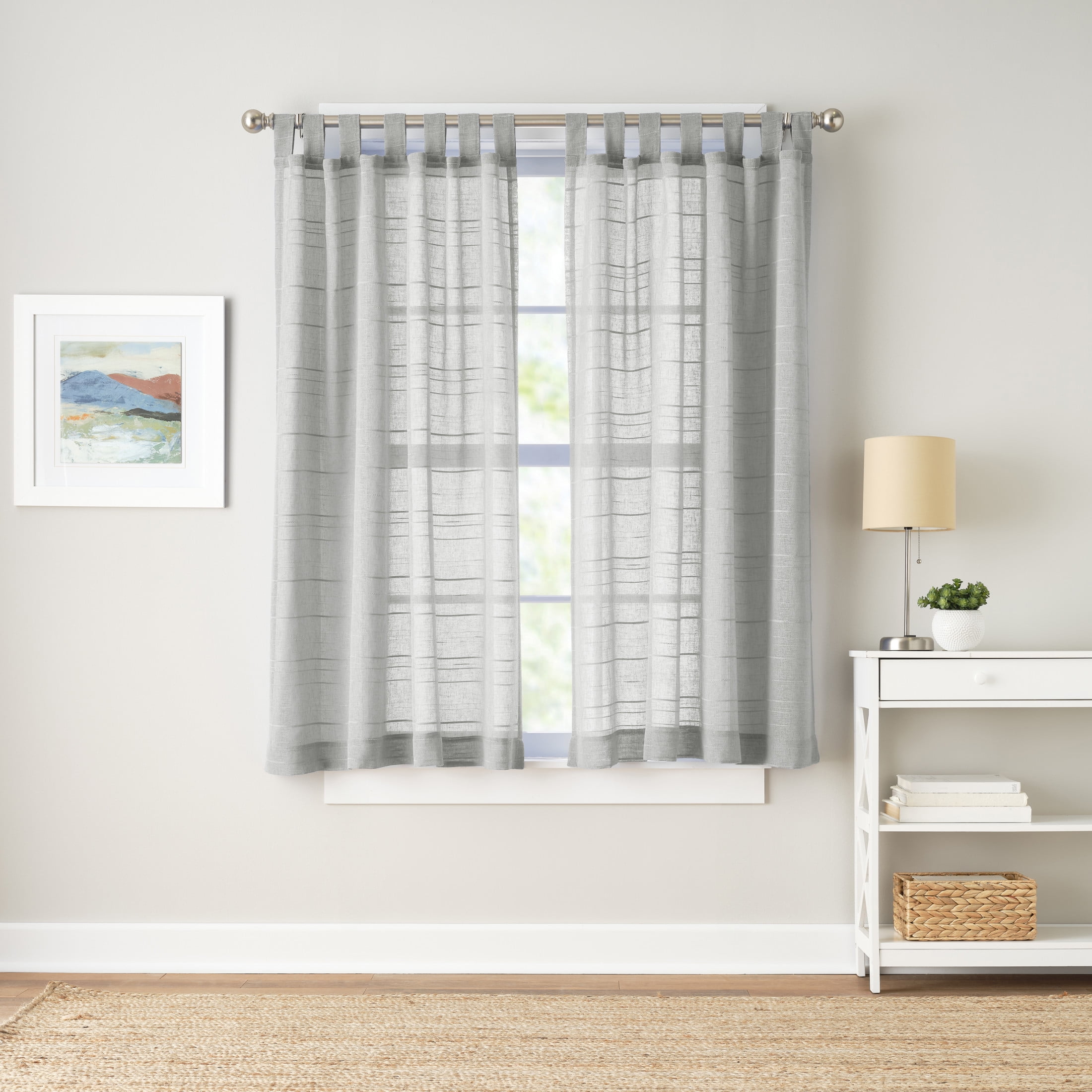 Mainstays Woven Stripe Sheer Tab Top Curtain, Single Panel, Silver, 50" W x 63" L