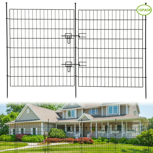 10/15 Panel No-Dig Decorative Garden Fence with Gate | Rustproof Metal Wire Outdoor Fence for Yard, Patio & as Temporary Animal Barrier