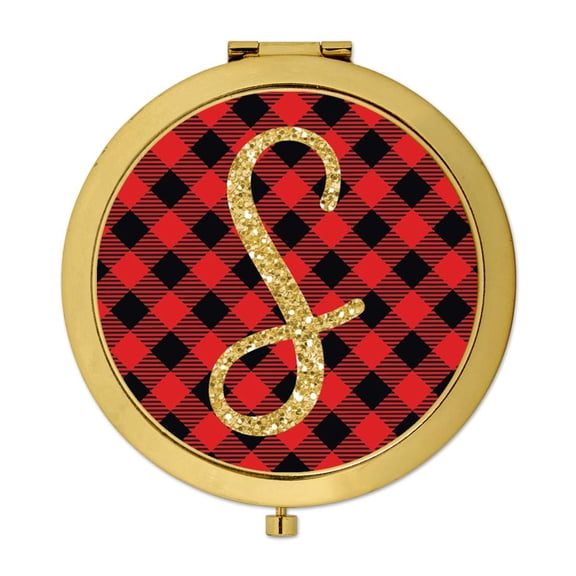 Koyal Wholesale Gold Compact Mirror Bridesmaid's Wedding Gift, Buffalo Red Plaid | Gold Glitter, Monogram Letter S, 1-Pk