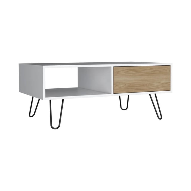 mesa de centro rectangular rta estilo moderno color blanco con patas metálicas negras en vista frontal 3/4; superficie plana blanca, compartimento abierto izquierdo y cajón derecho con frente símil madera en MDF, 42 cm alto x 100.6 cm ancho x 60 cm longitud; ideal para almacenamiento de libros y exhibir decoraciones, también suele usarse para apoyar bandejas en salas pequeñas.