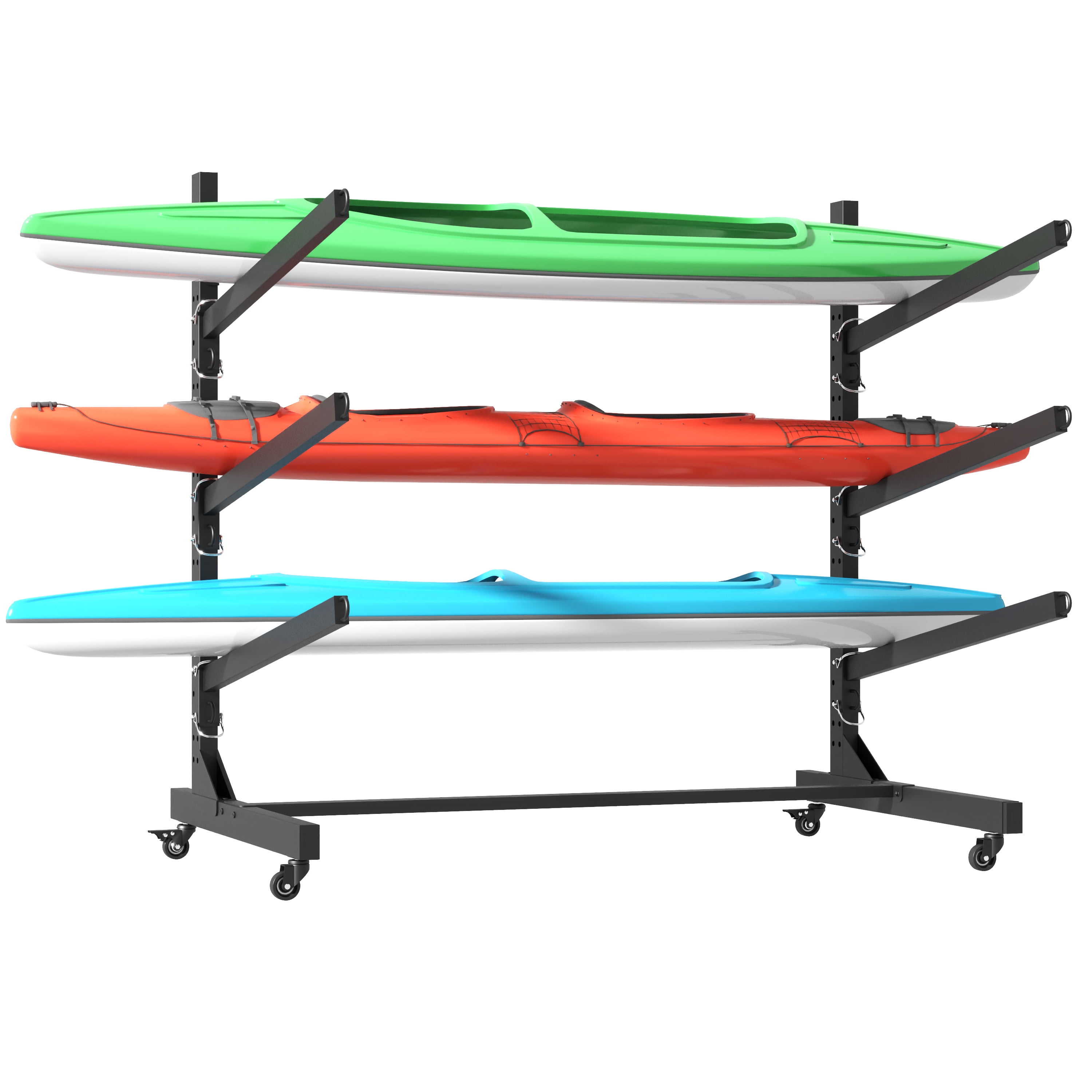 Freestanding Outdoor Kayak Storage Rack Hold 3 Kayaks Heavy Duty Adjustable Stand with Lockable Wheels for Kayak SUP Surfboard Canoe