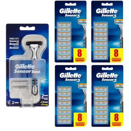 Gillette Sensor 3 Refill Razor Blade Catridges, 8 count + Gillette Sensor Excel Razor (Pack of 4)