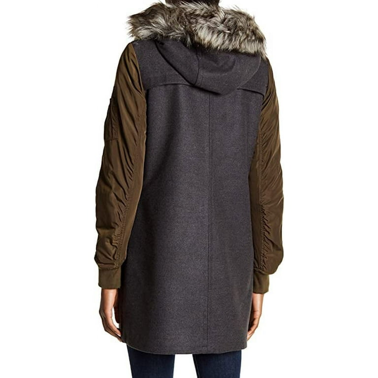 BCBGeneration Mixed Media Faux Fur Trim Wool Coat Small Charcoal Olive Walmart