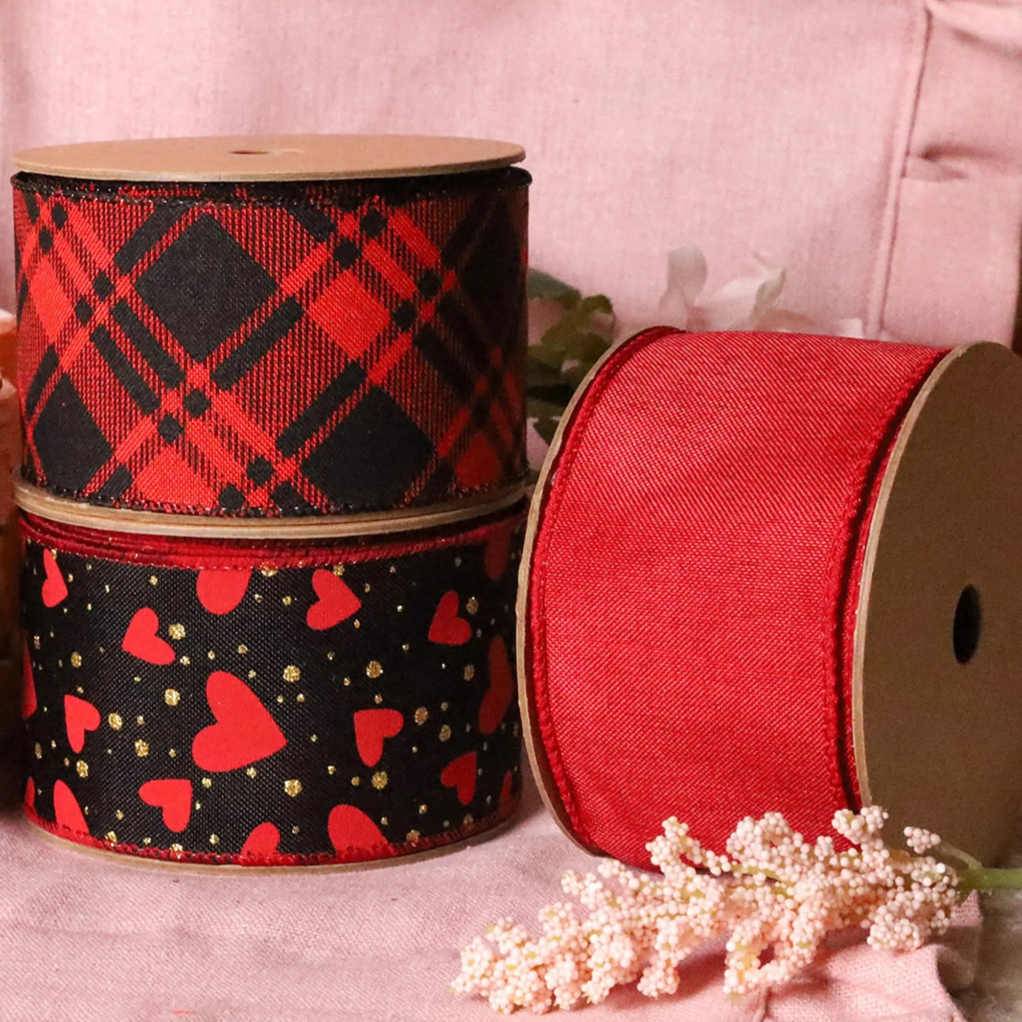 LaRibbons 2 1/2" Wired Ribbon, Printed Red/Black Bias Plaid, 10 Yard Roll