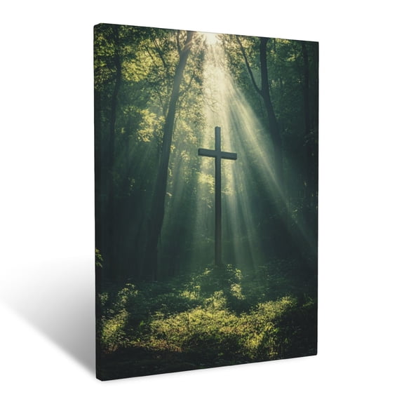 CozyNet Radiant Cross Standing Tall In The Center Of A Peaceful Forest With Dappled Sunlight Wall Art Prints With Frame Canvas Perfect for Living Room & Bedroom, Ready to Hang, Wall Decor 12"x16"