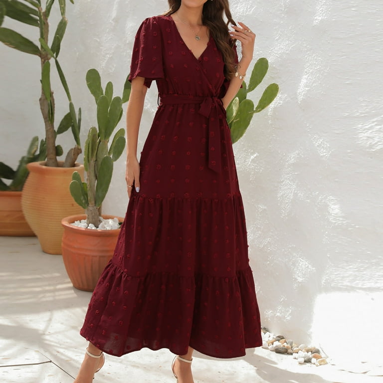 Gaecuw Beach Formal Wedding Guest Dress for Women V Neck Short Sleeve  Champagne Dresses Calf Length Maxi Dresses Swing Party Dress Strappy Prom  Dresses Flowy Graduation Dresses Semi Formal Dress - Walmart.com