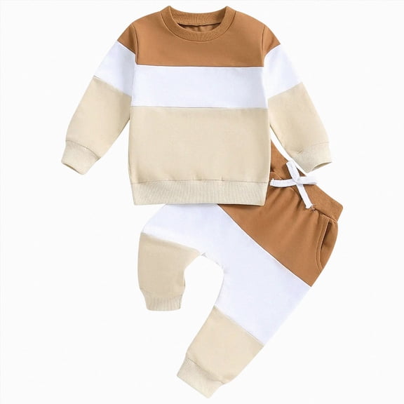 NOLDARES 2pcs Toddler Baby Boy Fall Winter Outfits Long Sleeve Crewneck Sweatshirt Tops Elastic Joggers Pants Set Cute Print Clothes Clothing(Beige,12-18 M)