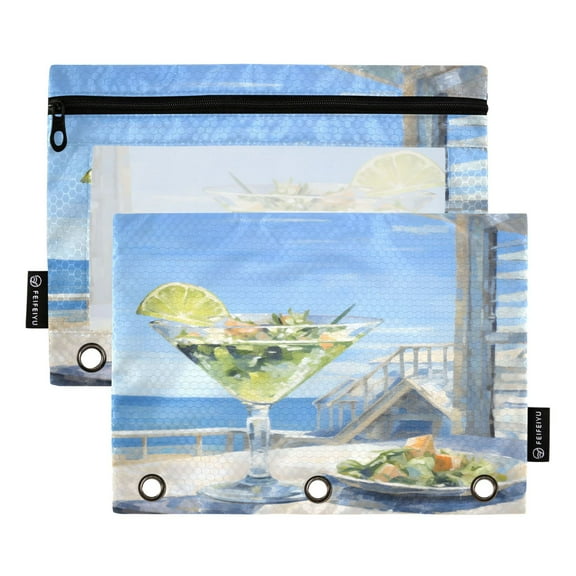 Glass Drink and Fruits 2 Pack Pencil Pouch for 3 Ring Binder Smooth Zipper Folders with Pockets Clear Window Pencil Case